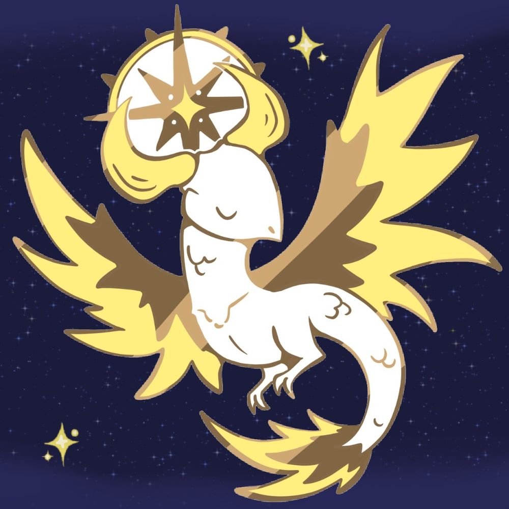 A white dragon with yellow fluffy wings soaring through a star filled space. It has a star in between its horns above her head.