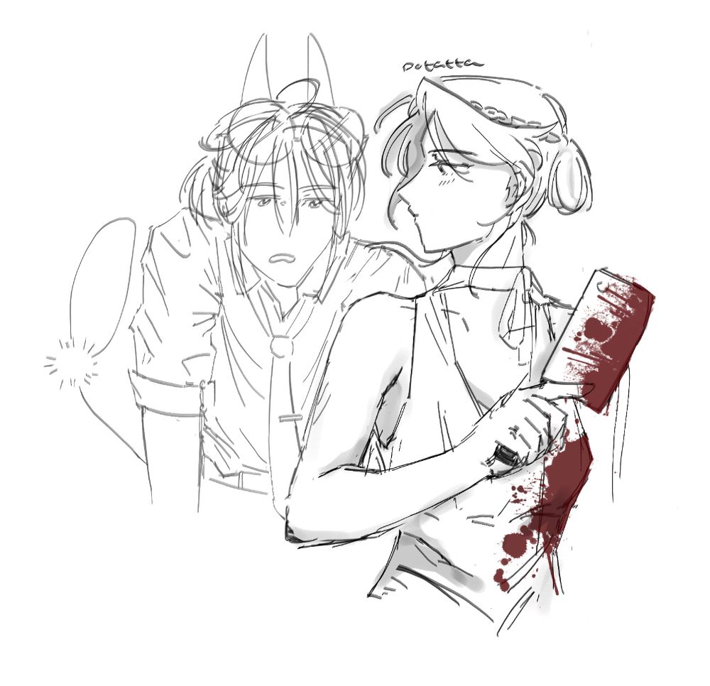 woman in a dress looks to the side, blushing at her demon gf floating next to her. woman is holding a bloody knife.