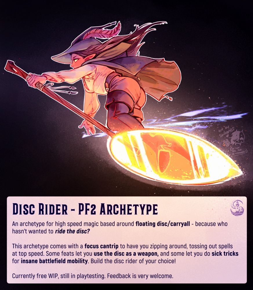 Picture of a wizard riding a magical floating disc while casting a spell.