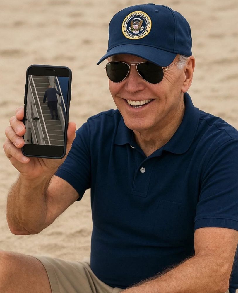 Das Foto zeigt einen breit lächelnden Joe Biden am Strand mit einer Präsidenten-Schirmmütze auf. Er hält sein Handy hoch, auf dessen Display man einen fallenden Donald Trump sieht. Trump ist auf dem Weg zur Air Force One auf der Treppe gestolpert und Biden ist sichtlich schadenfroh. Denn ihm war das Gleiche mehrmals passiert und Trump machte sich damals über ihn lustig.