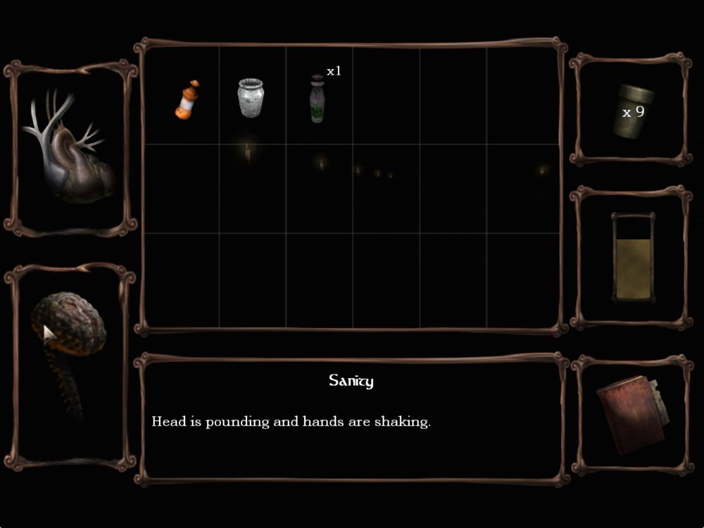 A screenshot from the game Amnesia: The Dark Descent showing the in-game inventory. The mouse is over the sanity level and the text reads : "Head is pounding and hands are shaking".