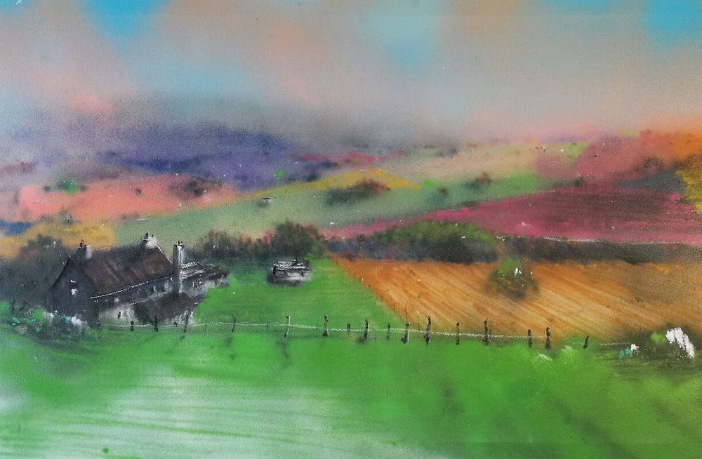 Image: John O'Flynn: Growing, unique, spraypaint on panel, 67 x 100cm | a hazy landscape in saturated colours; fields; a fence with a large house on the other side; misty hills • “The summer sun is out, and with it comes the return of SO Fine Art Editions’ highly anticipated annual Summer Show. Celebrating the lightness of the season and the joy of discovery, this group show brings together a vibrant array of contemporary artworks, featuring fine art prints, paintings, ceramics and photography.    This year, we’re delighted to welcome several new and exciting artists into the fold, joining a diverse line-up of established names and emerging talent. The exhibition presents a unique opportunity to acquire work from artists you’ve long admired, or to fall in love with someone new…”