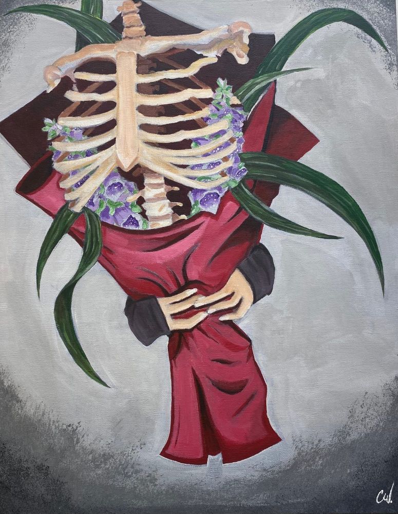 Image: Claudia Williams: Bouquet from Beyond | in the painting we see two hands – the rest of the body is not visible – holding a red-wrapped bouquet of flowers … only among those flowers is a partial skeleton, mostly ribcage; dark-green leaves extend out of the bouquet in a fairly threatening manner, and the flowers may be foxgloves; the background is a pale to dark grey • “Connecting Artists Programme & Collective: This national annual initiative pairs artists who are neurodivergent or have an intellectual disability with mentors and nurtures their creative development and visibility. The programme leads to an exhibition at the Royal College of Surgeons in Ireland.    Once participants complete the programme they can join theConnecting Artists Collective, a platform for continued support and artistic growth. The collective facilitates artistic expression, skill-sharing, and collaboration. It has held notable exhibitions including at the prestigious Royal Hibernian Academy…”
