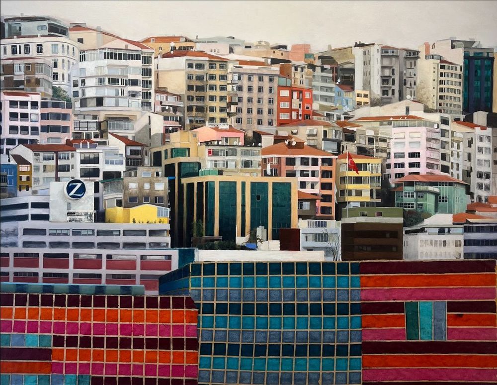 Image: Garrett Cormican: Byzantium, oil and collage on canvas 150 x 190 cm | we see a colourful cityscape of modern buildings more or less stacked against each other as they climb a hill; it is mostly about the patterns that the buildings make – the rows of windows, the spaces between, the contrasting designs • “Garrett Cormican’s latest exhibition, Trading Places, explores shifting perspectives – between cities, cultures, time, and identity. His paintings of Istanbul, a city where past and present collide, capture the pulse of its architecture, markets, and bustling trade routes. Vibrant still-life works, echoing both modernist and classical styles, celebrate the vitality of food, movement, and cultural exchange.  Cormican, a self-taught painter, curator, and author of Camille Souter: The Mirror in the Sea, has exhibited widely across Ireland and Northern Ireland.”