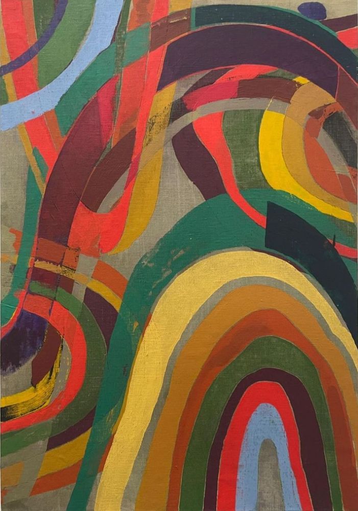 Image: Mark Joyce: Cassini II, 2025, acrylic on raw linen on wood; 96 x 66 x 5cm | intertwining coloured swirls – each swirl largely the same colour, for the most part, though sometimes altered when it crosses another swirl; the swirls tend to be roughly in parallel; the raw linen shows through in places • “Alan Butler • Mary FitzGerald • Damien Flood • Mark Joyce • Sorcha McNamara • Bridget Riley • Oisín Tozer    Earthly Delights is in the title of Hieronymous Bosch’s early 16th Century triptych The Garden of Eathly Delights.  This painting charts the Creation, the Birth and Fall of man and woman. It was painted in The Netherlands in the 1490s or early 1500s.  It is currently in the Museo del Prado, Madrid. It has captivated audiences and artists since that time, including some Irish artists and one or two in this show…”