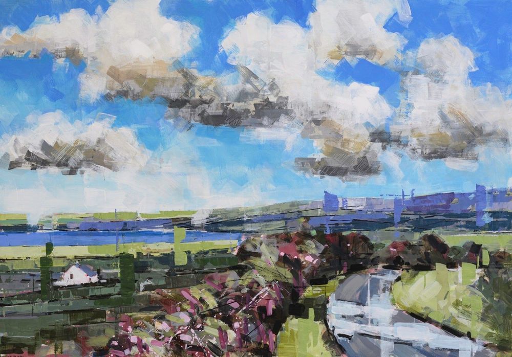 Image: Bridget Flinn: Blackberry Lane, acrylic on canvas, 70 x 100cm | painting, in which the strokes are deliberately very block-ish, sometimes scratched through after application; clouds in a blue sky, headland in the distance, lake or sea, then more land, probably countryside, probably hedgerow full of blackberries, lane to the right curving into what may be more hedgerows of blackberries; shapes on what seems to be a hill on the right are also similar to the shapes of tall buildings; these are depicted in broad blue strokes, with a hint of a crane on the skyline; so the lane may in fact be a wider road…  • ”Solomon Fine Art is delighted to host an exhibition of paintings by Irish artist, Bridget Flinn. This new body of works on canvas captures familiar features and landmarks in the Irish landscape.    Following her previous solo exhibition which celebrated the changing cityscape near the artist's Dublin home and studio, Flinn’s focus now expands to include rural Ireland and the…”