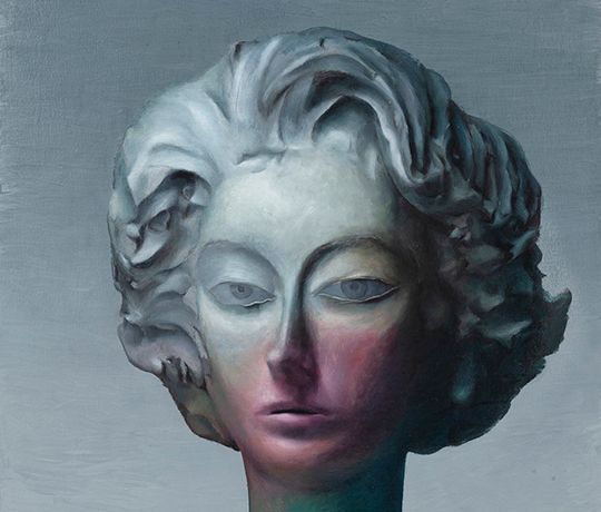 Image: Damien Meade | although it looks very much like a photo of a sculptured head, it is probably a painting; we see a face looking at us, grey towards the top, dark purple towards the bottom, bouffant hair, looking back at us; lit from upper left • “On Waking is a group painting exhibition featuring new and existing work by Jenny Eden, Christopher Hanlon, Harminder Judge, Gillian Lawler, Damien Meade, Karen Roulstone and Rebecca Sitar, painters from Ireland and the UK, whose paintings communicate wonder and encounter, things half-glimpsed, remembered and imagined.    It brings together paintings with an otherworldly sensibility, where the slippage between recollection and metamorphosis, between what is real or imagined, is played out in a series of new realities.    The title of the exhibition directs us to the ‘waking moment’ when our sense of time and reality is unlike usual conscious experiences. As we leave the cocoon of sleep, the veil between…”
