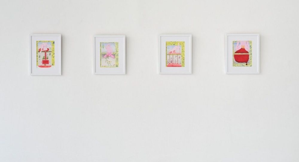 Image: four artworks, in white frames and mounts, side by side on a wall; they are probably quite small; strong coloration, but not easy to make out what is being depicted – something fairy-tale-like perhaps, in reds and yellows mostly; the patterned banding at the edges of the images are reminiscent of Mughal page-size works like you might see in the Chester Beatty • “Samir Mahmood is a Pakistani artist based in Dublin. His practice encompasses painting, textiles, objects and video, with a particular focus on themes of identity, representation, bodily awareness and spiritual transformation. The works draw from and challenge the imagery and techniques of traditional miniature painting from the Indian subcontinent, which are historically associated with power and heteronormativity. They engage with the garden as a motif of paradise across religions, symbolism in Sufism and Christianity, alternative theories of consciousness and narratives of queer existence…“  