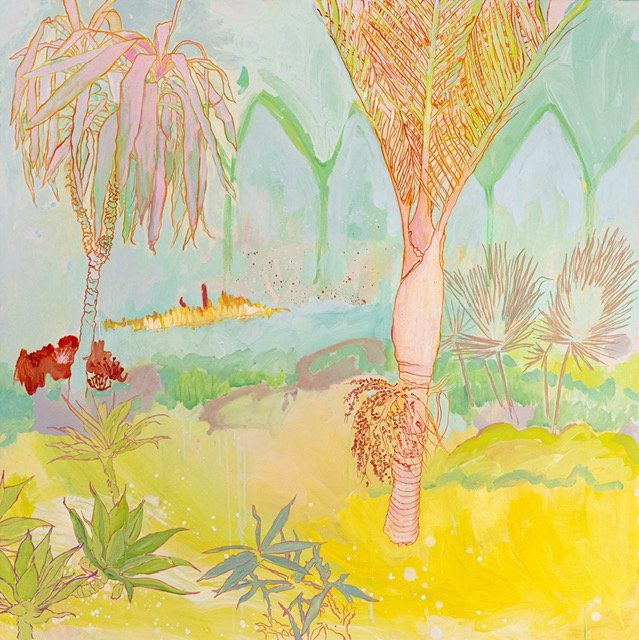 Image: Maggie Morrisson, Relax and Unwind, oil on canvas, 120 x 120cm | painting of a landscape that is a bit like what you might see in a Gauguin; tropical plants, hot palette that leans towards the yellow, particularly in the foreground; no people • “Painting, sculpture & print by gallery & invited artists    Solomon Fine Art is delighted to host its annual Summer Group Exhibition - A vibrant mix of paintings, sculpture and print by Ireland’s leading artists presented in our bright, city centre space.    Including new work by John Behan RHA, Margo Banks, Leah Beggs, Serena Caulflield, Comhghall Casey, Tom Climent, Clifford Collie, Eamon Colman, Julie Cusack, Orla de Bri, Ana Duncan, Margaret Egan, Bridget Flinn, Carol Hodder, Stephanie Hess, Bernadette Madden, Manar Mervat Al Shouha, Eilis O’Connell RHA, Helen O'Sullivan-Tyrrell, John Short, Cléa van der Grijn, Michael Wann & many more.”