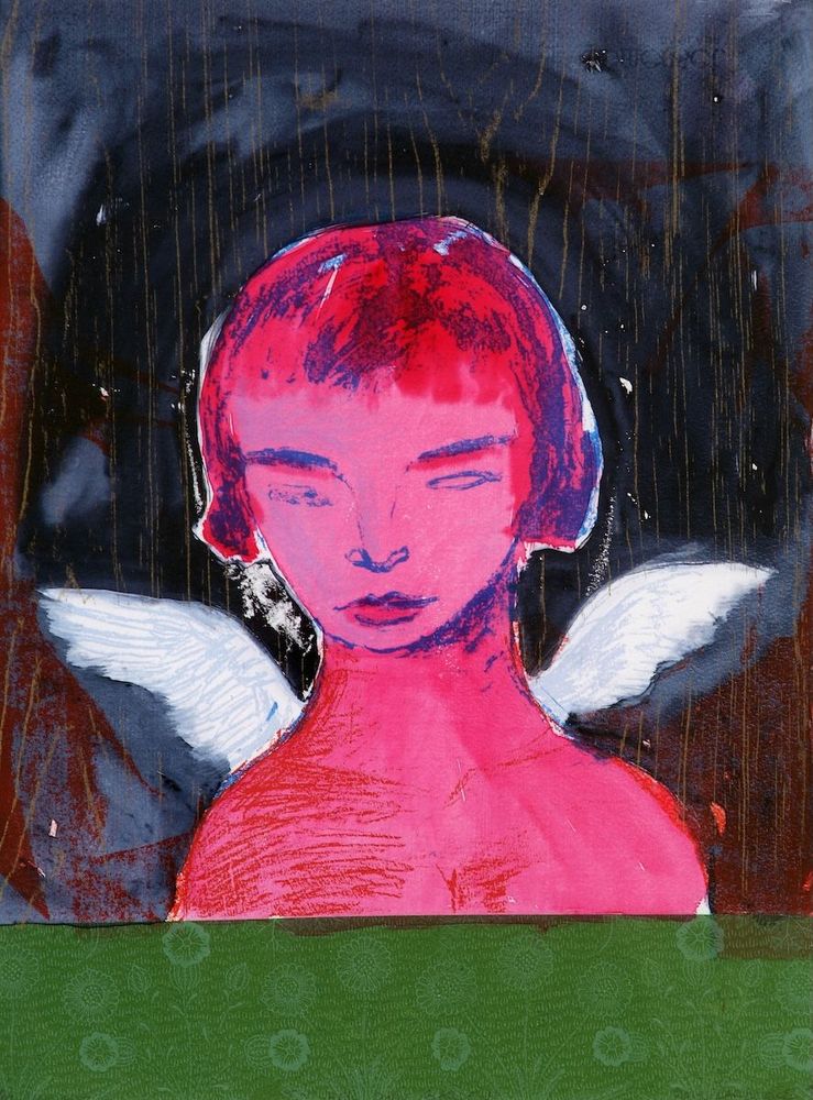 Image: Paul La Rocque: In her Own Garden, Collection, Crawford Art Gallery Cork; © the artist | painting, possibly with collage; we see the head and shoulders of a very red figure with small-ish white wings sprouting behind the shoulders; this is all against a dark sky with a wood-grain pattern, but also with a green area occupying the bottom 20% of the image; it has a flower pattern • “An exhibition from Crawford Art Gallery Collection selected by Salt & Pepper LGBTQI+ Art Collective with Toma McCullim    Uillinn: West Cork Arts Centre – alongside the Salt & Pepper group (West Cork’s elder LGBTQI+ arts collective) – has partnered with artist Toma McCullim to curate an invigorating exhibition for summer 2025. Titled Grá, this exhibition celebrates love in all its forms and draws from the collection of Crawford Art Gallery. Accompanying this curated selection are responses to individual artworks in the exhibition made by artists from the Salt & Pepper Collective…”