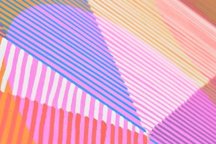 Image: Paul Bokslag: The Skelligs I, 2025, Acrylic on Canvas, 100 x 150cm (detail) | abstract piece, in bright colours, mostly pink, white red, blue, orange; there is an under layer of coloured shapes – triangles, cropped disk,etc.; over this layer there are stripes, parallel, never intersecting, most from top left to bottom right, but there is a counter-current from bottom left towards top righ, though only part of the way • “Butler Gallery is very pleased to present a solo exhibition by the Kilkenny-based Dutch-born artist Paul Boklslag. Bokslag works across a range of media and this exhibition will feature four installations including: a large wall mural, a significant papercut installation, a suite of paintings, and a grid of abstract ink drawings that connect paintings and mural together.    More on Bokslag’s papercuts here…”