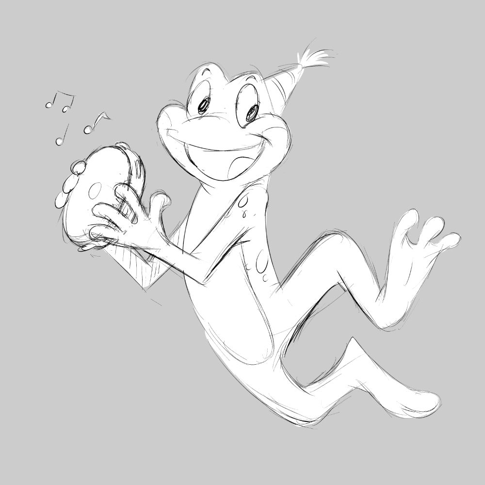 Sketchy drawing of a anthropomorphic cartoon frog with a party hat playing a tambourine (that isn't especially small but just assume the frog itself is small ok).