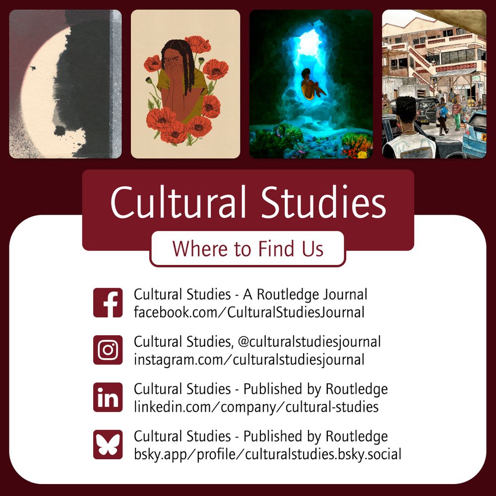 Titled "Cultural Studies: Where Else to Find Us," this graphic includes artwork from four past covers and written out information about where to find Cultural Studies on Facebook, Instagram, LinkedIn, and Bluesky. All written information is also included in the caption of the post.
