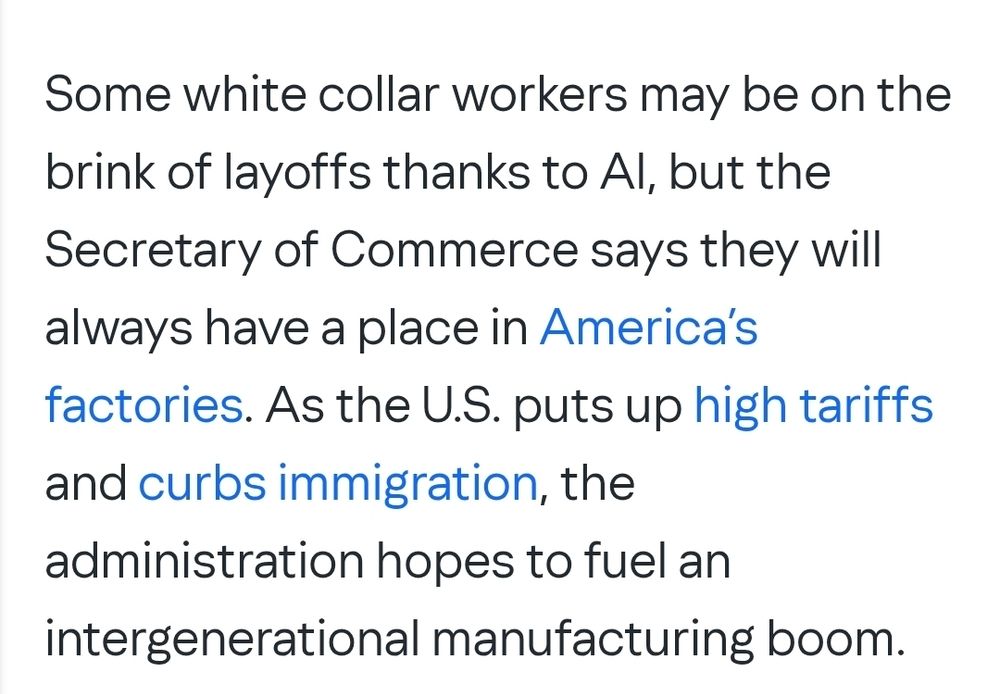 Statement from the Sec. Of Commerce saying Laid off white collar workers should go do factory jobs for the rest of their lives