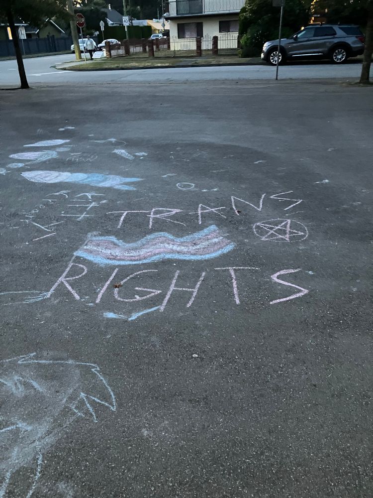 Chalk art that reads “Trans rights” and has a trans pride flag. 