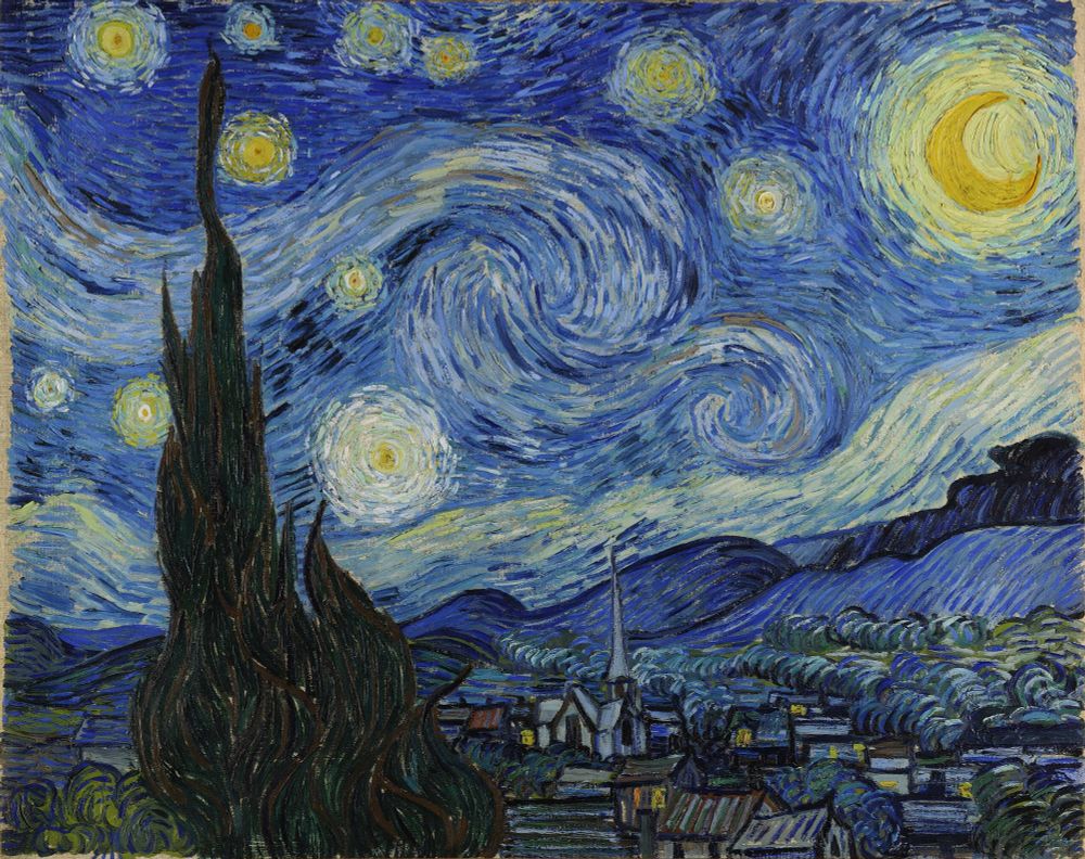 "Vincent van Gogh's 'The Starry Night' portrays a swirling night sky over a tranquil village, capturing the essence of a starry night."