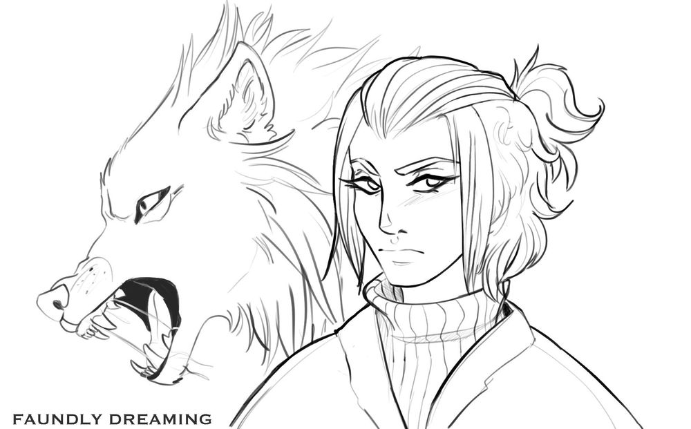 A drawing of a woman from the shoulders up with a tied back hair style looking very serious. Behind her is her in her wolf form snarling at someone off screen.