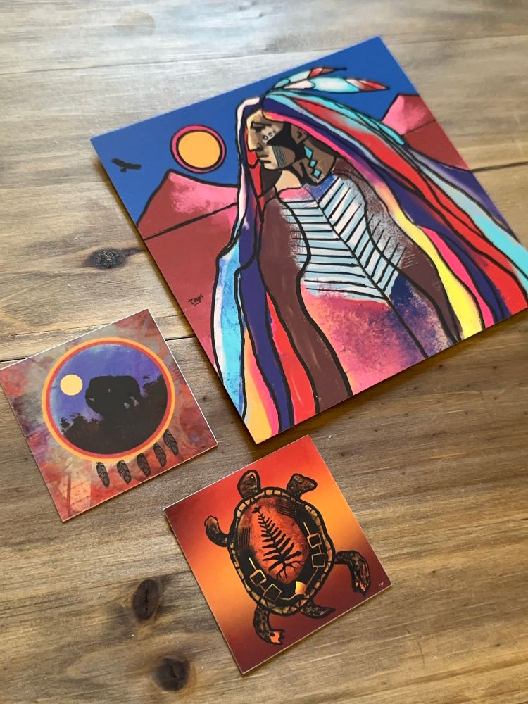 Postcard and two stickers with art by Tom Myer