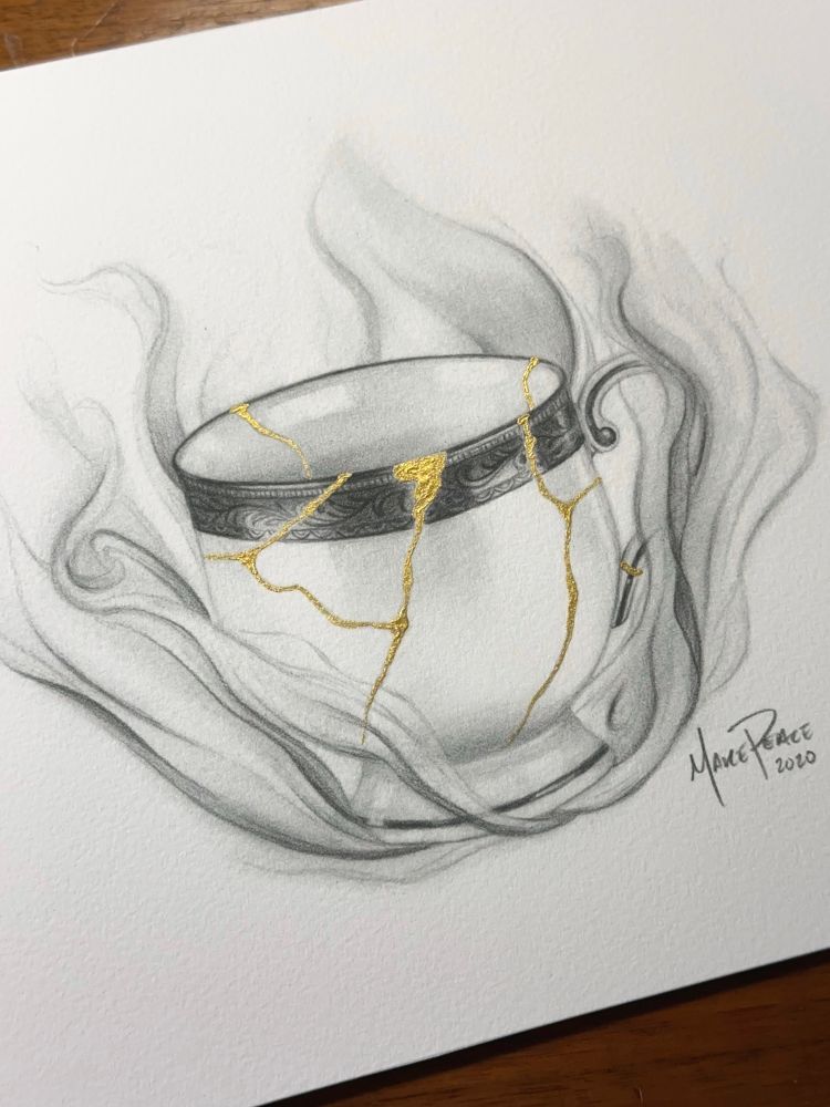 Teacup from Hannibal put back together with gold. Original drawing is graphite and gold pigments. 