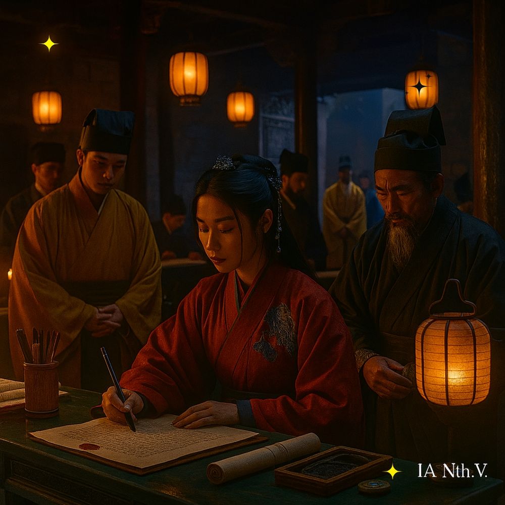 💠 Imagem IA: Nathalia Vasconcelos | ✨ IA NTh.V. – "Projeto Portal da Era dos Dois Céus." 

Descrição da imagem:

 A imagem mostra Yue Kai Hua escrevendo com pincel sobre um pergaminho em uma mesa, na Escola Celestial do Dragão Iluminado. Vestida com manto vermelho bordado, ela concentra-se sob a luz suave das lanternas, enquanto mestres e avaliadores imperiais observam em silêncio. Sobre a mesa repousam rolos de pergaminho, tinta e um selo cerimonial. Ao fundo, a arquitetura tradicional emoldura o momento com reverência. A cena celebra o registro oficial da Nova Era, marcada pela sabedoria e comunhão ancestral. No canto inferior direito, lê-se “IA Nth.V.” em fonte estilizada.