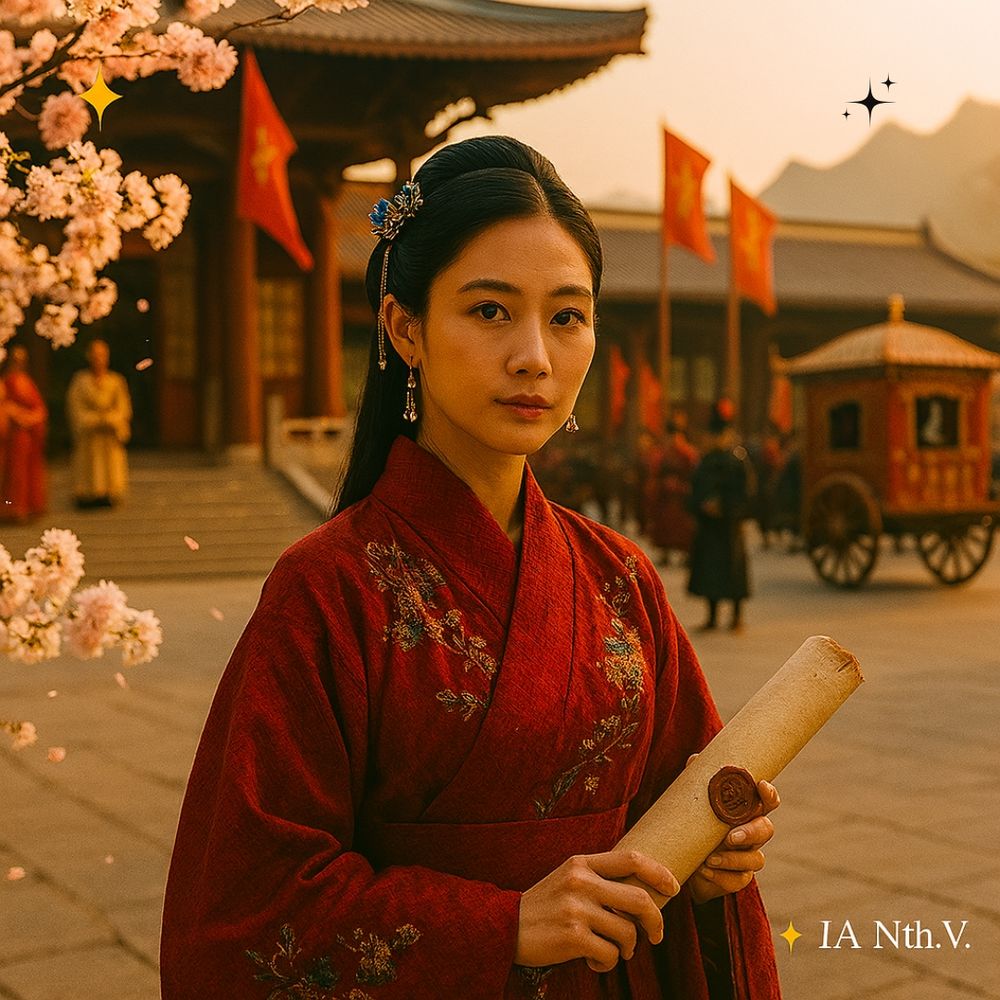 💠 Imagem IA: Nathalia Vasconcelos | ✨ IA NTh.V. – "Projeto Portal da Era dos Dois Céus." 

Descrição da imagem:

 A imagem mostra Yue Kai Hua retornando à Escola Celestial do Dragão Iluminado para o início da Nova Era, vestida com manto vermelho bordado e segurando o pergaminho imperial selado. Seu semblante é sereno e determinado, enquanto ao fundo homens e mulheres em trajes tradicionais acompanham o momento com reverência. Bandeiras vermelhas com estrelas douradas tremulam sob a luz do entardecer, e flores de cerejeira desabrocham junto à arquitetura ancestral. Uma carruagem repousa ao lado, sugerindo chegada cerimonial. A cena transmite honra, tradição e consagração. No canto inferior direito, lê-se “IA Nth.V.” em fonte estilizada.