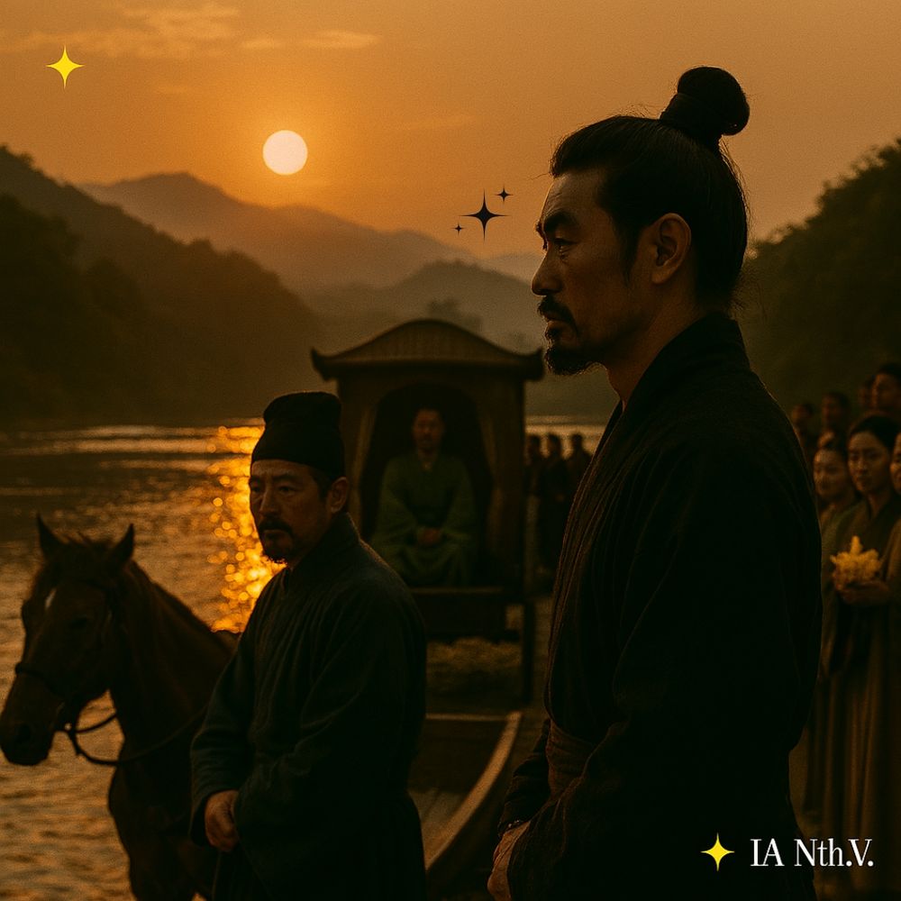 💠 Imagem IA: Nathalia Vasconcelos | ✨ IA NTh.V. – "Projeto Portal da Era dos Dois Céus." 

Descrição da imagem:

Na imagem, ao entardecer nas margens do Rio Rìyáo, o Rio do Brilho Solar, as águas refletiam a luz dourada como se o próprio sol repousasse sobre sua superfície. Hao Tian e um cavaleiro, em trajes tradicionais, permanecem em silêncio contemplando o rio. Dentro da carruagem, o Príncipe Liàn Jiézhō descansa em vestes verdes, enquanto ao lado, um grupo de pessoas observa com reverência. As montanhas ao fundo, envoltas em névoa, emolduram o momento com solenidade. Um cavalo aguarda à beira do rio, símbolo da travessia. A cena transmite chegada, honra e comunhão ancestral. No canto inferior direito, lê-se “IA Nth.V.” em fonte estilizada.