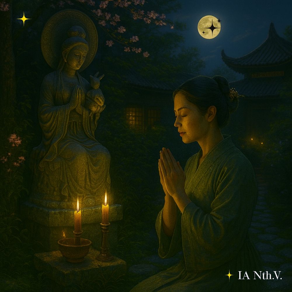 💠 Imagem IA: Nathalia Vasconcelos | ✨ IA NTh.V. – "Projeto Portal da Era dos Dois Céus." 

Descrição da imagem:

 A imagem mostra a mãe de Yue Kai Hua, Yue Lian Hua, ajoelhada em oração na casa do Clã Huāyuè, diante da estátua da Deusa Chang’e que segura um coelho, ao Céu Lunar. Com vestes tradicionais e olhos cerrados, ela une as mãos com devoção, iluminada por duas velas acesas sobre uma mesa baixa. A lua cheia paira no céu, banhando flores e arquitetura ancestral com luz prateada. A serenidade do templo e o silêncio envolvente evocam espiritualidade e comunhão com o sagrado. A composição transmite introspecção, fé e vínculo ancestral. No canto inferior direito, lê-se “IA Nth.V.” em fonte estilizada.  