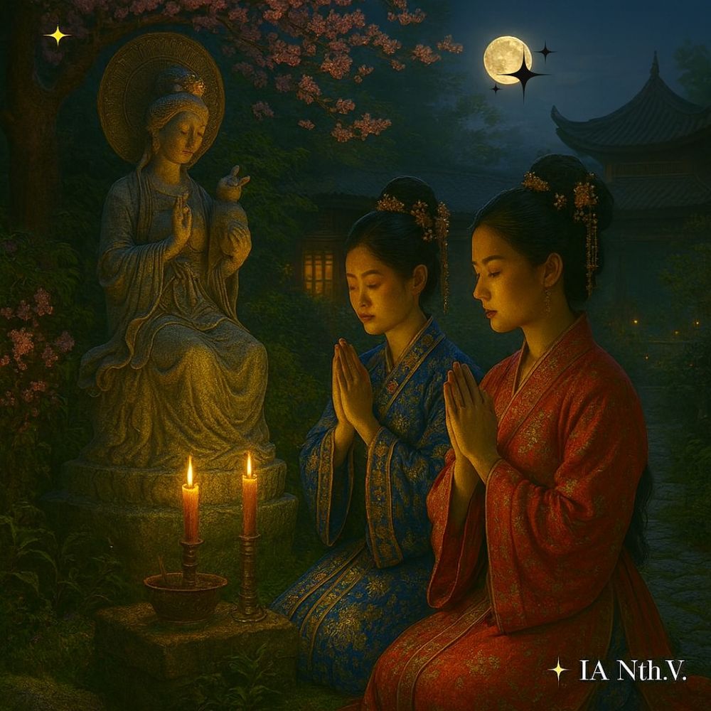 
💠 Imagem IA: Nathalia Vasconcelos | ✨ IA NTh.V. – "Projeto Portal do Reino Du@lis." 

Descrição da imagem:

 A imagem mostra um jardim cerimonial sob o céu noturno, com cerejeira em flor e pétalas caindo suavemente ao redor da cena. Yue Kai Hua e sua mãe estão ajoelhadas em prece diante da estátua da Deusa Chang’e, vestindo trajes cerimoniais em azul e lavanda, com os cabelos presos por enfeites delicados. A estátua em pedra clara exibe expressão serena e gestos de bênção, iluminada por velas e incensos dispostos sobre o altar. Ao fundo, a arquitetura ancestral e a lua cheia reforçam a atmosfera espiritual. A composição transmite devoção, vínculo familiar e reverência ao sagrado. No canto inferior direito, lê-se “IA Nth.V.” em fonte estilizada.  