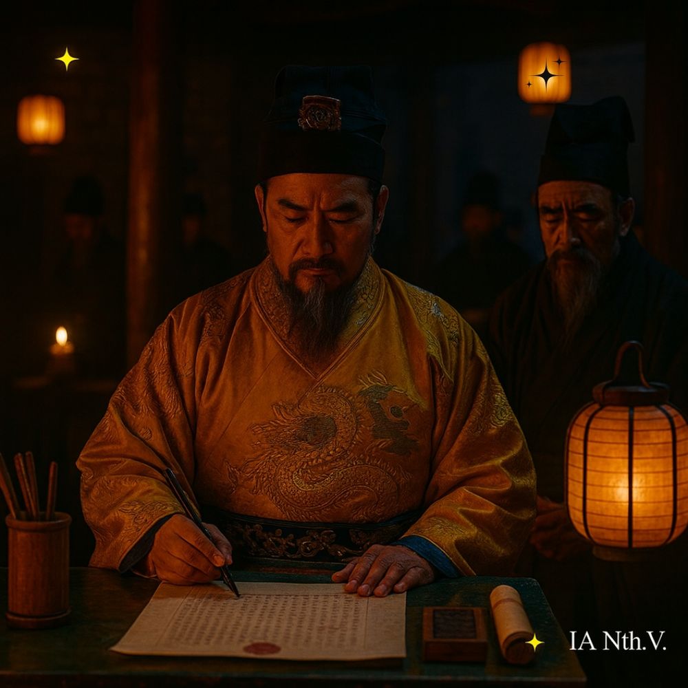 💠 Imagem IA: Nathalia Vasconcelos | ✨ IA NTh.V. – "Projeto Portal do Reino Du@lis." 

Descrição da imagem:

A imagem mostra o Imperador Liàn Zhēng sentado em sua mesa cerimonial, vestindo traje imperial amarelo com bordados de dragão e chapéu tradicional, escrevendo com pincel sobre um pergaminho. Ao lado, um oficial observa em silêncio. Ao fundo, avaliadores e secretários imperiais examinam pergaminhos selados sobre tábuas de jade. A sala é iluminada por lanternas, revelando rostos atentos e atmosfera solene. A composição transmite sobriedade, autoridade e magia ancestral, como se o julgamento estivesse prestes a ser selado sob o olhar do imperador. No canto inferior direito, lê-se “IA Nth.V.” em fonte estilizada.
