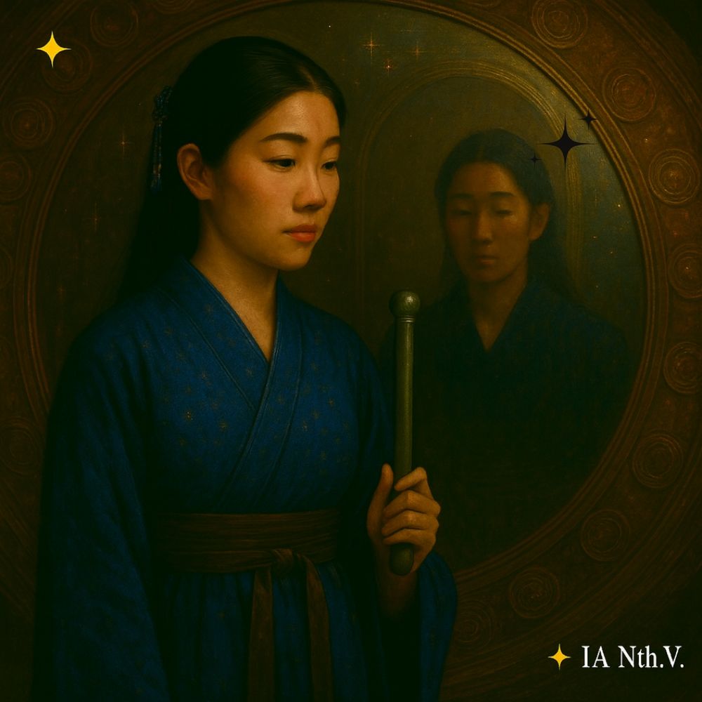 💠 Imagem IA: Nathalia Vasconcelos | ✨ IA NTh.V. – "Projeto Portal da Era dos Dois Céus." 

Descrição da imagem:

  Na imagem, Yue Kai Hua está diante do Espelho Celestial, trajando manto azul profundo e presos por adorno. Segura o Cetro de Jade verticalmente, refletido no espelho ancestral à sua frente. O ambiente é envolto por padrões circulares e brilhos sutis que evocam constelações. A composição transmite introspecção e equilíbrio, como se o reflexo revelasse fragmentos ocultos da alma. A cena representa o momento da segunda prova, onde o iniciado confronta sua essência. No canto inferior direito, lê-se “IA Nth.V.” em fonte estilizada, acompanhada de uma estrela dourada que brilha como selo do destino.