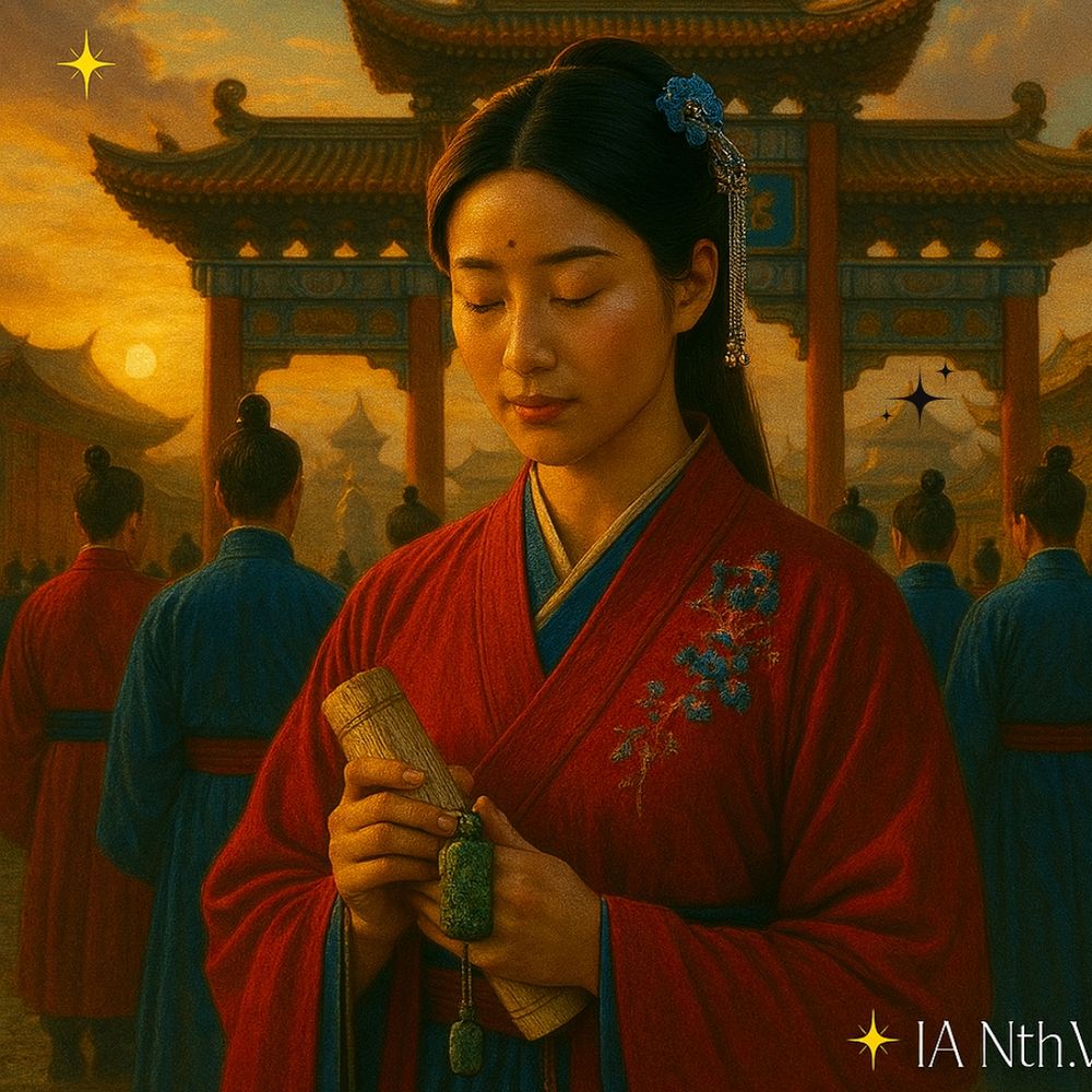 💠 Imagem IA: Nathalia Vasconcelos | ✨ IA NTh.V. – "Projeto Portal do Reino Du@lis." 

Descrição da imagem:

A imagem mostra Yue Kai Hua no portal da Escola Celestial do Dragão Iluminado, em manto vermelho e azul bordado com flores, cabelo preso com enfeites, de olhos fechados e expressão contemplativa, segurando um estojo de bambu e o talismã da Deusa Chang’e. Ao fundo, vários candidatos em trajes azuis estão perfilados diante do portal com colunas e telhados ornamentados. O pôr do sol lança luz dourada sobre a cena, evocando reverência e transição. A atmosfera é serena, marcada por tradição e espiritualidade. A presença da lua e da arquitetura ancestral reforça o elo entre passado e presente. No canto inferior direito, lê-se “IA Nth.V.” em fonte estilizada, acompanhada por uma estrela dourada.