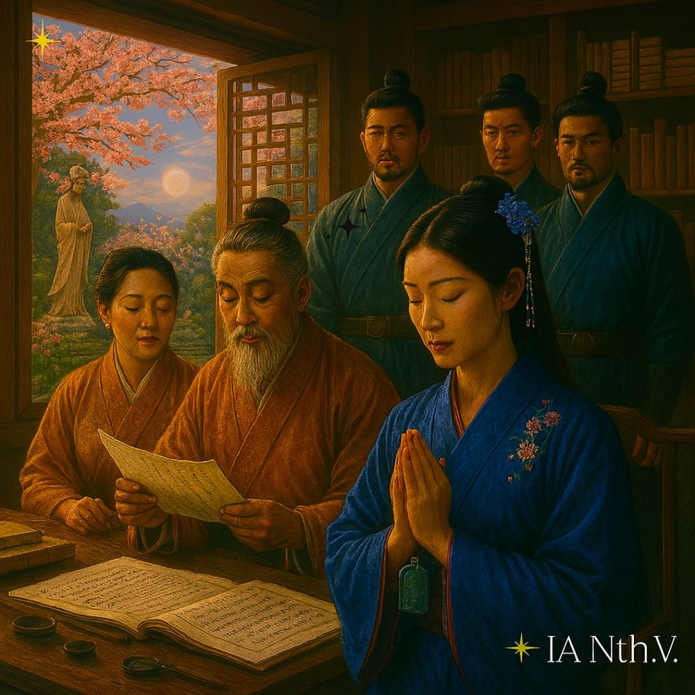 💠 Imagem IA: Nathalia Vasconcelos | ✨ IA NTh.V. – "Projeto Portal do Reino Du@lis." 

Descrição da imagem:

A imagem mostra o Mestre Huāng Zhìyǒng lendo um pergaminho no Salão de Estudo, ao lado de sua esposa Lín Qīnyá, guardiã dos rituais lunares, unindo saber e fé. Seus três filhos, Huāng Wǔjiàn, Força Marcial; Huāng Lóngwěi, Poder do Dragão; e Huāng Tiěxīn, Coração de Ferro, guerreiros imperiais, vestem trajes cerimoniais. À direita, Yue Kai Hua escuta com atenção, permanecendo em oração silenciosa. O ambiente é repleto de livros e pergaminhos. Pela janela, a lua cheia ilumina a cerejeira florida, a estátua da Deusa Chang’e e o jardim envolto em névoa. No canto inferior direito, lê-se “IA Nth.V.” em fonte estilizada.