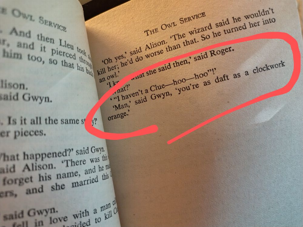 Image of the page where Gwyn says "you're as daft as a clockwork orange."