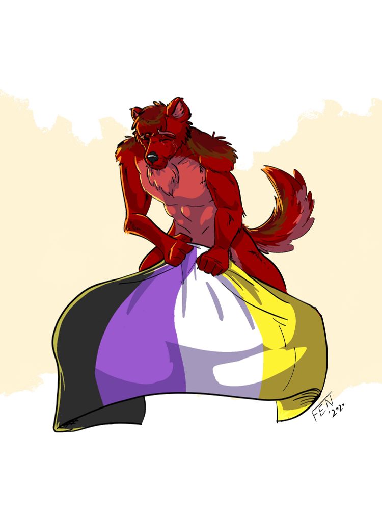 A red wolf holding a NB Pride flag. Art by me.