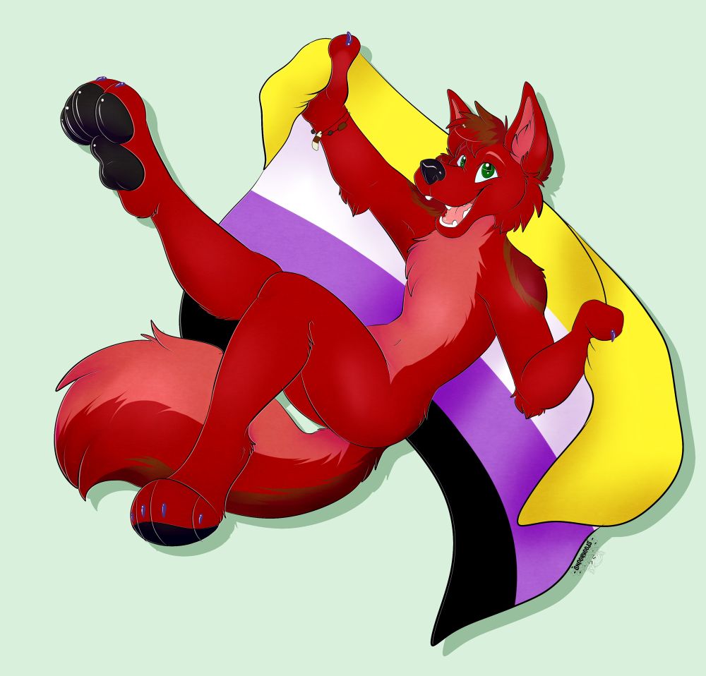 A red wolf holding a NB Pride flag. Art by @starhoundart