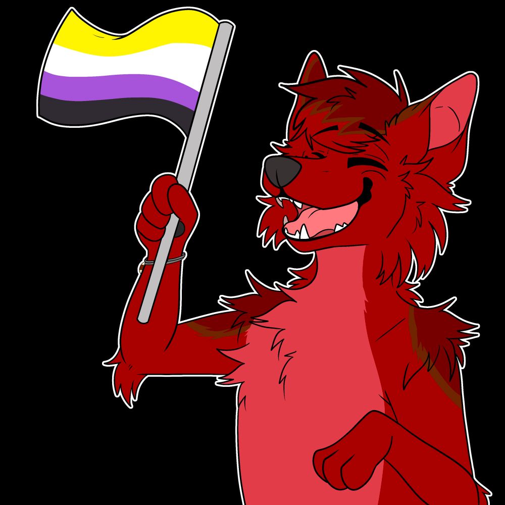 A red wolf holding a NB Pride flag. Art by @LakeMutt
