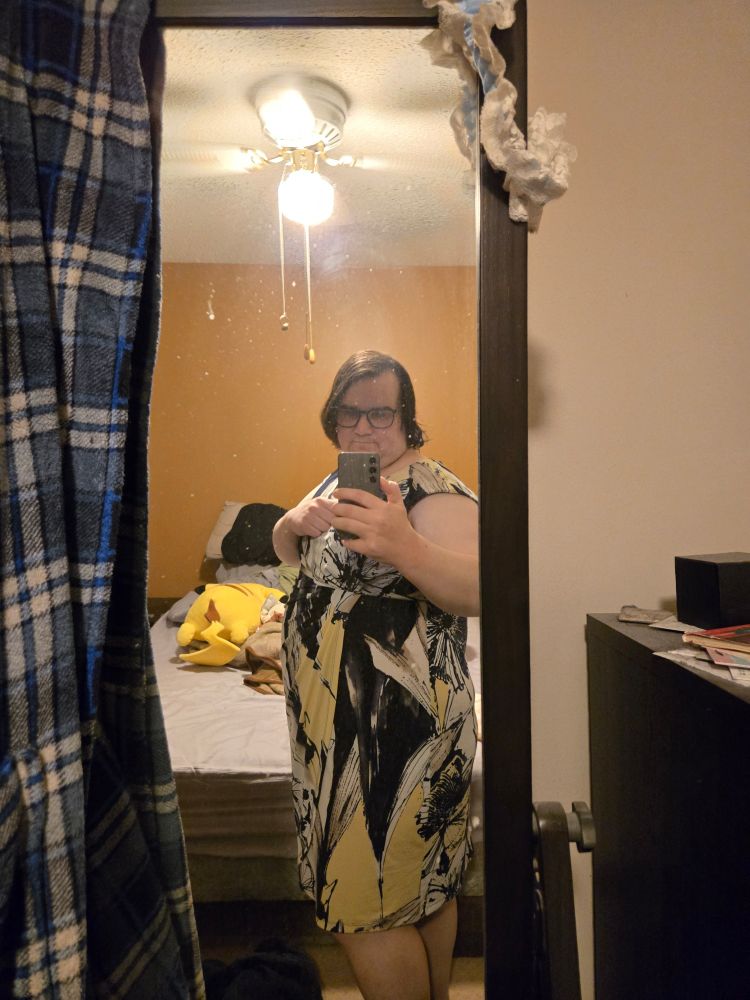 A mirror selfie of ashe (a pale white trans girl) in her favorite dress its a bit of a floral patern that is a noce mix of blue white and tan 