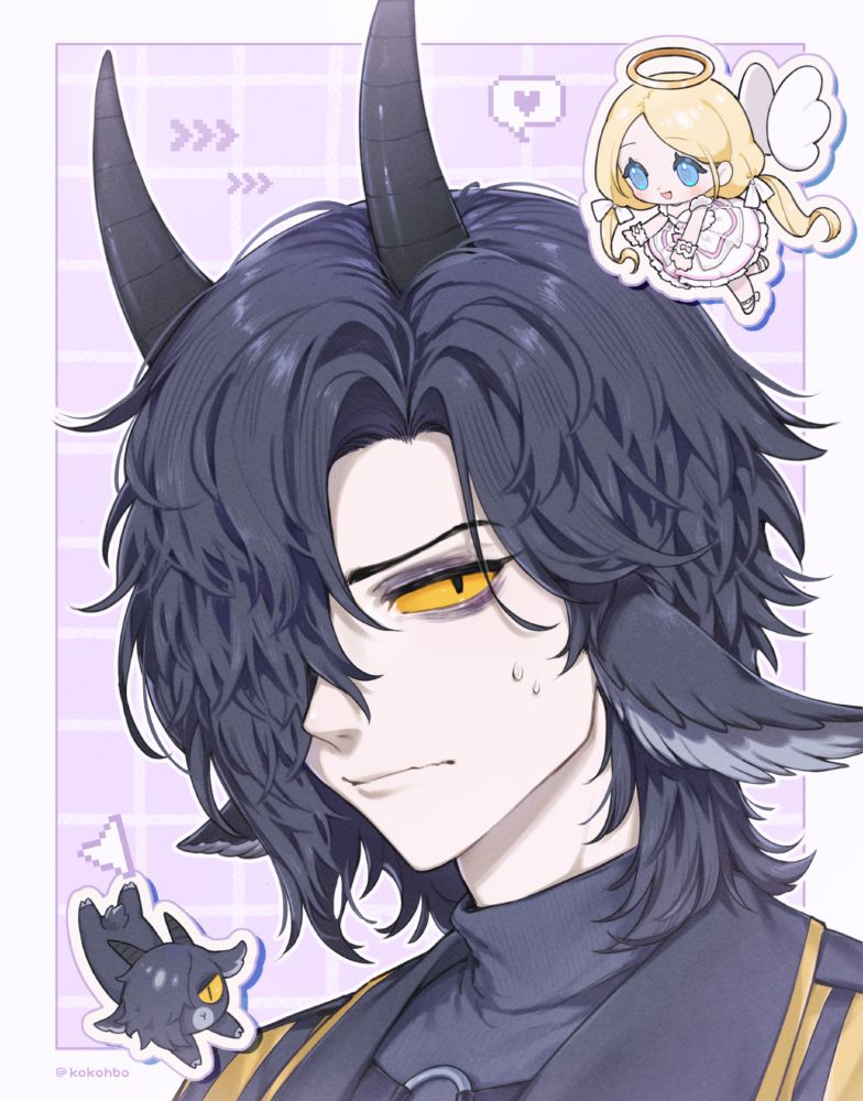 tired looking demon boy with goat horns and ears, acting awkward around a chibi blonde angel girl trying to get closer to him and a chibi goat version of himself

#artfight #artfight2025 #illustration #oc