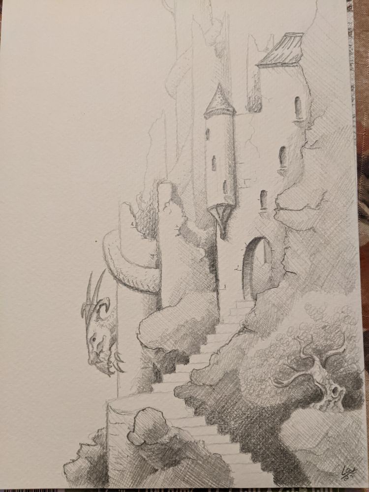 Pencil sketch of ruins and dragon