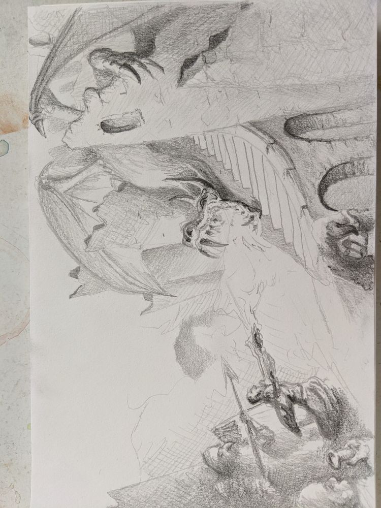 Pencil sketch of dragon confronting adventurers