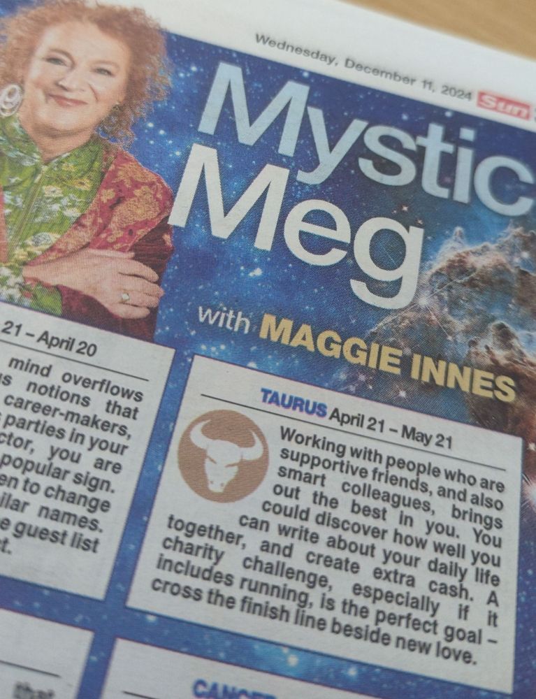 Mystic Meg column showing horoscope for Taurus.