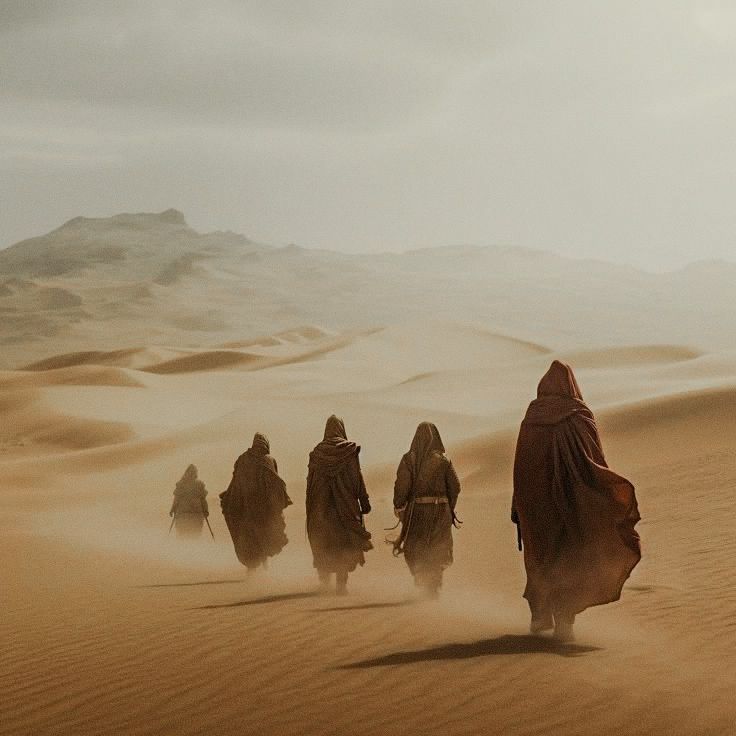 Pessoas cobertas caminhando sobre dunas desérticas 