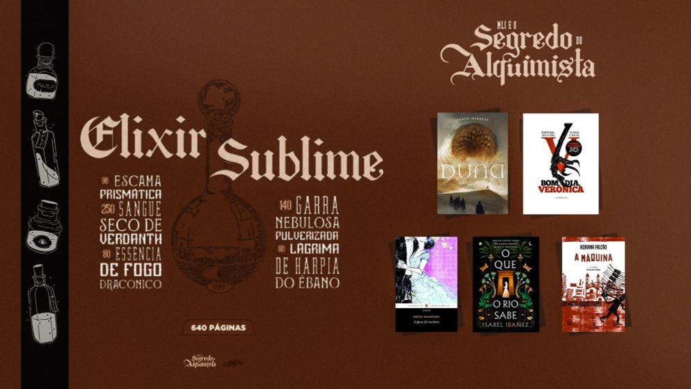 
Uma imagem contendo as capas dos livros que serão lidos para cumprir o desafio "exilir sublime", que consiste na leitura de 640 páginas ao total, e os desafios menores para alcançar o objetivo, sendo eles: escama prismática (90 paginas); sangue seco de verdanth (250 páginas); essência de fogo draconico (80 paginas); garra nebulosa pulverizada (140); lagrima de harpia do ébano (80 páginas) 📚