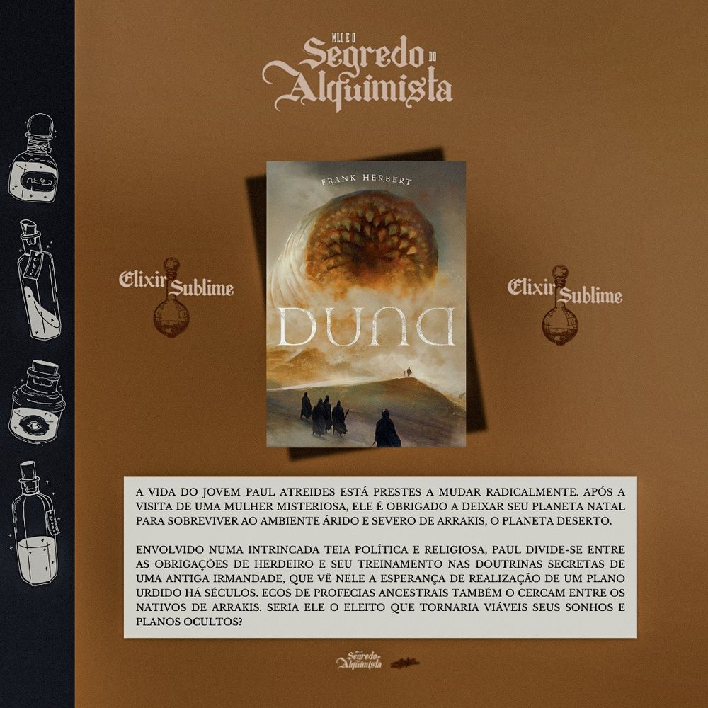 Capa do livro duna do frank herbert no centro da imagem mostrando pessoas andando sobre uma área desértica enquanto aparece um verme de areia gigante ao fundo e a sinopse abaixo 