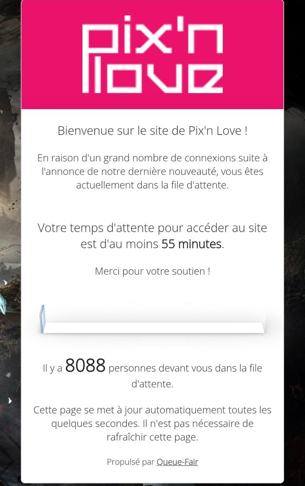 Photo de la file d'attente sur le site de pix n love pour precommander l'art book édition collector de expédition 33. On y voit que le temps d'attente est de 55 minutes et qu'il y a 8088 personnes devant moi dans la file d'attente 🥲