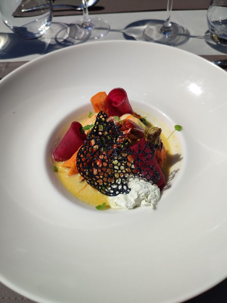 "Queues de gambas rôties, marinière de moules au safran" entrée du restaurant La Gargote à Laxou