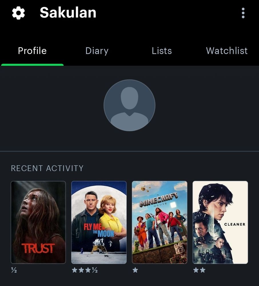 Screen des 4 derniers films vu sur Letterboxd, il y a Trust noté 0.5, Fly me to the moon noté 3.5, Minecraft noté 1 et Cleaner noté 2 étoiles. 