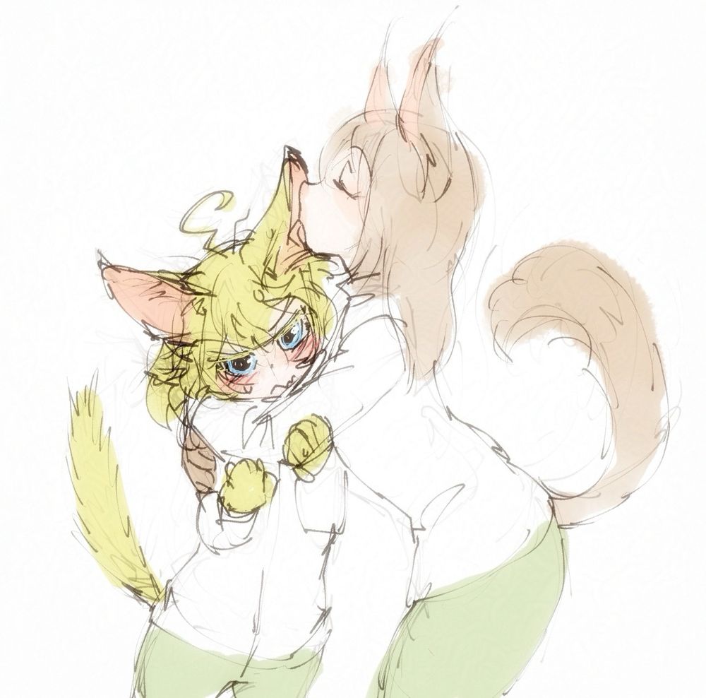 ターニャを抱えて耳を掃除するヴィーシャと緊張と恥ずかしさで尻尾が膨らんでいるターニャ。