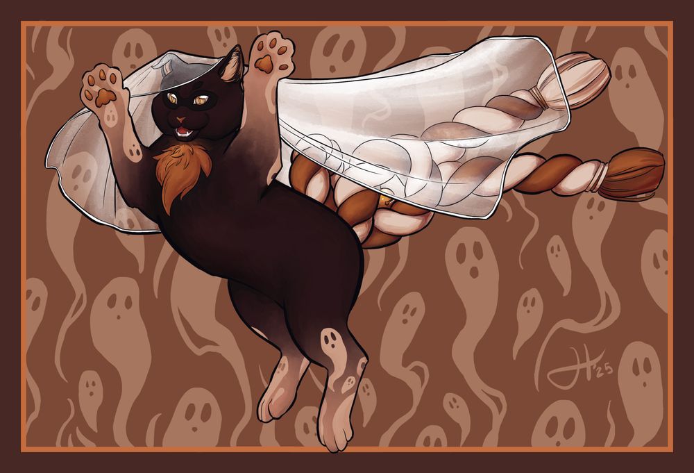 A dark-furred cat-like creature with a bow for a tail is jumping in the air over a field of ghosts. A veil floats over half of his face.
