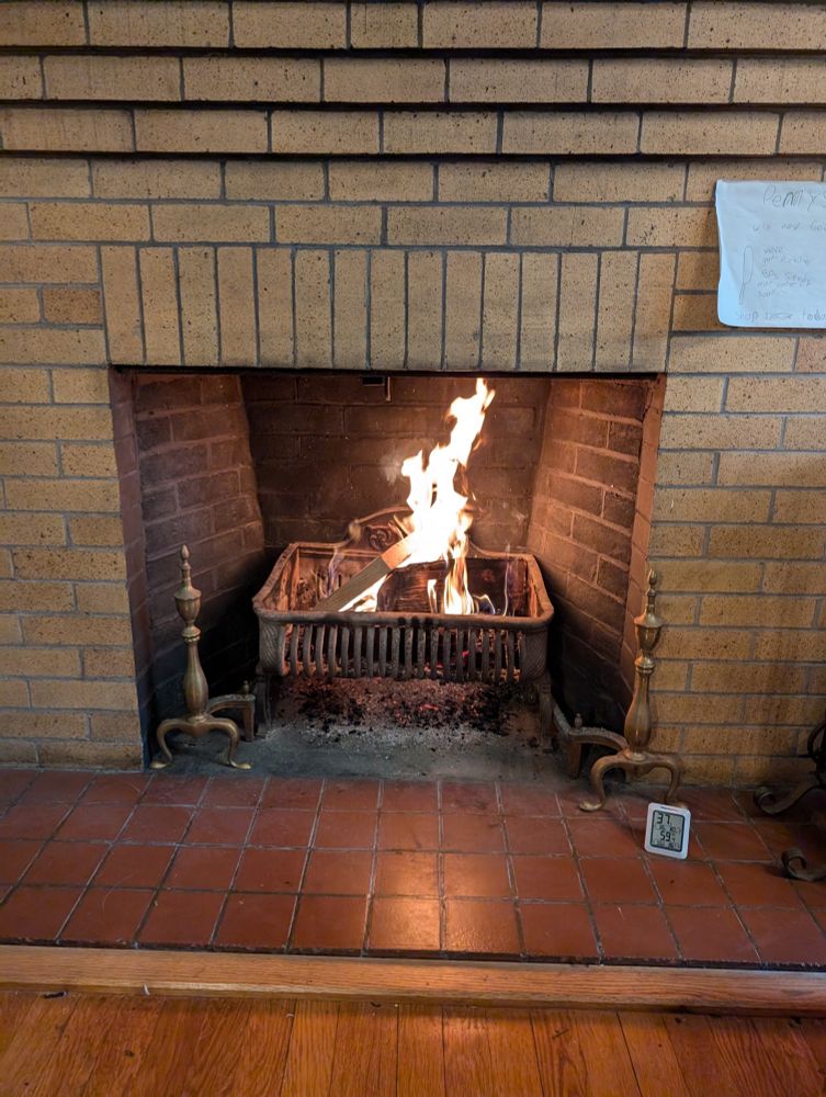 Fire in a fireplace, with a thermometer showing 59 degrees fahrenheit.